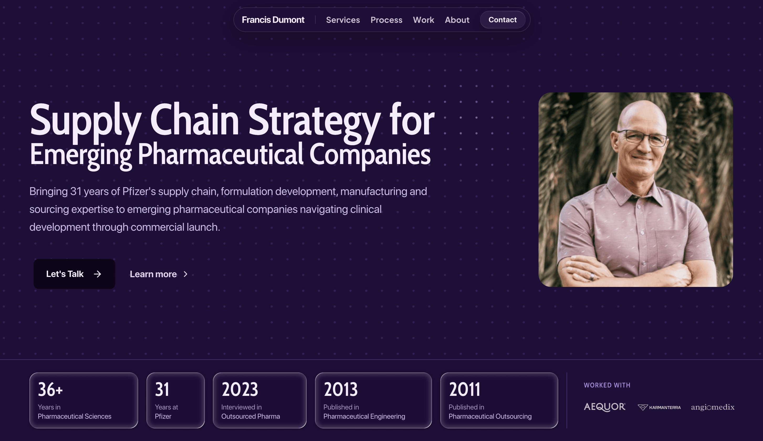 Francis Dumont website (supply chain strategy for emerging pharmaceutical companies), built by Caldera Agency